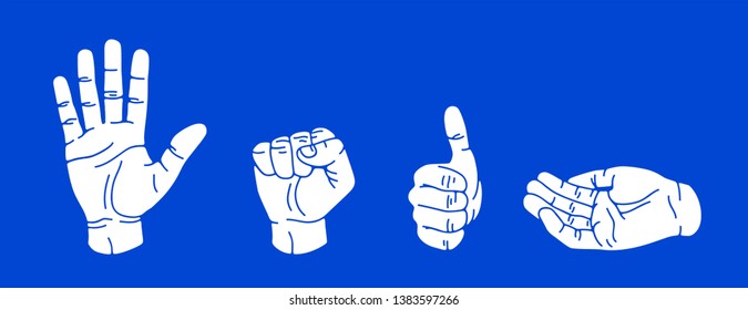 Hand gestures set isolated. Palm, fist, thumb up, cupped hand. Modern beautiful style. Realistic. Flat style vector illustration. Line signs and icons. Different positions of human hands.