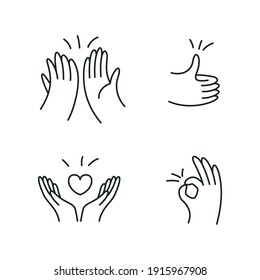 hand gestures set, line illustration flat, thumbs up, high five, okay, give love
