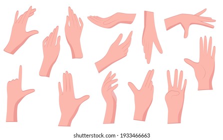 Hand gestures. A set of manual gestures of the female hand. Flat-style gestures on an isolated white background.  Concept design elements, hold in hands, stroking.