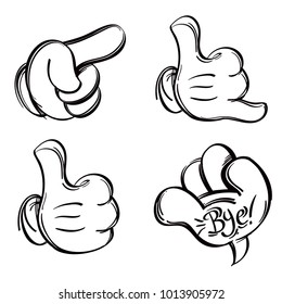 Hand gestures. Set of outline vector illustrations in cartoon style isolated on white background.