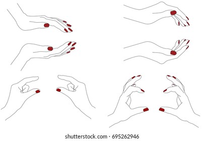 Hand gestures set outline vector illustration. Women's girl's female palm drawing.
