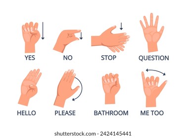 Hand gestures set showing basic words and phrases. Vector illustration. Communication with deaf people. Learning sign language concept