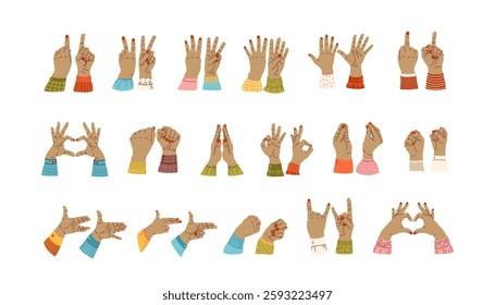 hand gestures set. Sign, expression pointing fingers, clenched fist, open, greeting palms, OK symbol