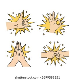 Hand Gestures Set with Starburst Effect - Thumbs Up, OK Sign, Praying, Fist Bump, Vector Illustration