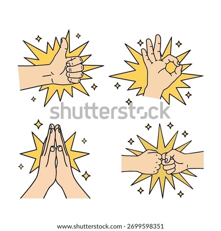 Hand Gestures Set with Starburst Effect - Thumbs Up, OK Sign, Praying, Fist Bump, Vector Illustration