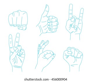 Hand gestures. Set of vector symbols and icons gestures in thin line style