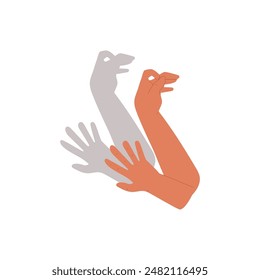 Hand gestures shadow theater, showing bird from palms and fingers vector flat illustration. Cartoon gaming animal puppet peacock, rooster or chicken from hands theatrical action isolated on white