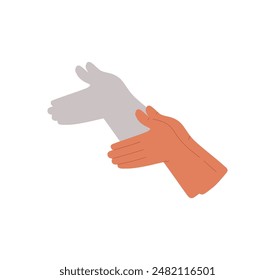 Hand gestures shadow theater, showing dog from palms and fingers vector flat illustration. Cartoon gaming animal puppet from hands theatrical action. Arm and shadow isolated on white