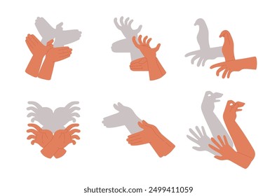 Hand gestures shadow theater, showing birds, animals from palms and fingers vector flat set. Cartoon gaming puppets chicken, dove, dog, crab and reindeer from hands theatrical action isolated on white