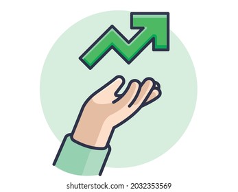 El gesto de mano muestra una flecha que indica una inversión rentable, emoji, diseño vectorial, icono, diseño plano y aislado.