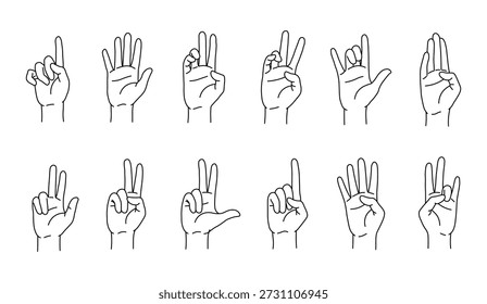 Hand gestures showing counting and signs twelve different line art illustrations set up