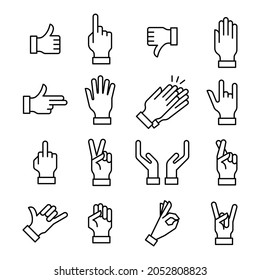 Hand Gestures Sign Black Thin Line Icon Set Include of Fist, Forefinger, Ok and Victory. Vector illustration of Icons