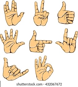 Hand gestures and sign language icon set. Isolated colorful illustration of vector human hands. Colorful hands vector collection-accuracy sketching of hand gestures - contour version at my gallery