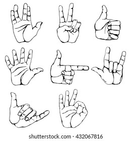 Hand gestures and sign language icon set. Isolated contour illustration of vector human hands. Contour hands vector collection-accuracy sketching of hand gestures-color version at my gallery