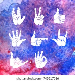 Hand gestures and sign language icon set. Isolated white illustration on colorful background of vector human hands. Hands vector collection-accuracy sketching of hand gestures.