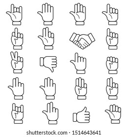 Hand gestures and sign language thin line icon set. Hand gestures line, Hand sign, Isolated vector illustration of human hands.