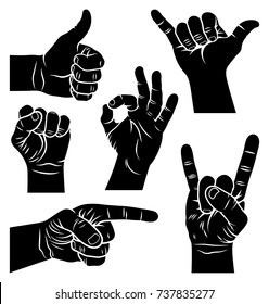 Hand gestures and signs. Gestures meaning Okay, Rock and Roll, pointer, Shaka, male fist, a hand showing symbol Like. Vector illustration