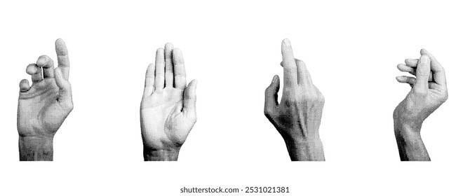 Hand gestures, signs set. Halftone style vector isolated on white background.
