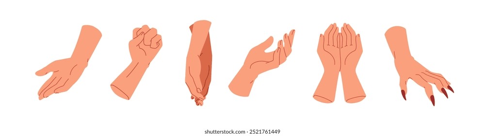 Hand gestures and signs set. Open palms, holding, giving, clenching fingers in fist, claws and cupped pose. Body language with arm expressions. Flat vector illustration isolated on white background