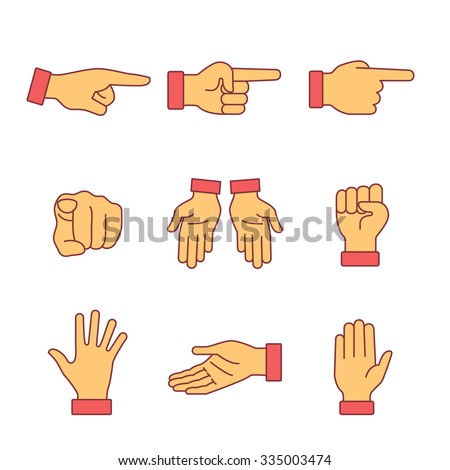 Hand gestures signs set. Thin line art icons. Flat style illustrations isolated on white.