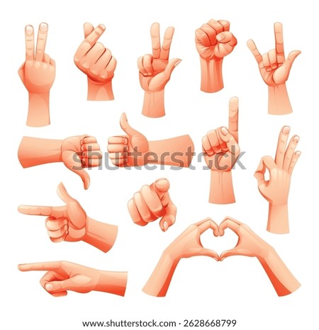 Hand gestures and signs such as peace, fist, pointing, and love. Vector cartoon illustration