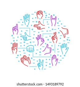 Hand Gestures Signs Thin Line Round Design Template Include of Pointer, Ok and Victory. Vector illustration of Icons