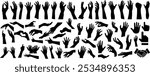 Hand gestures silhouette collection, showing various hand movement poses, pointing, handshake, and reaching hands for design, communication symbols, body language, vector graphics