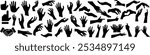 Hand gestures silhouette collection, showing various hand movement poses, pointing, handshake, and reaching hands for design, communication symbols, body language, vector graphics