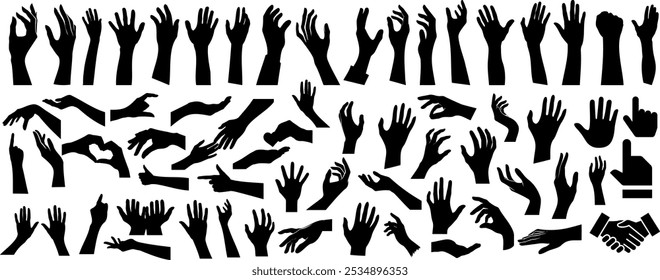 Hand gestures silhouette collection, showing various hand movement poses, pointing, handshake, and reaching hands for design, communication symbols, body language, vector graphics