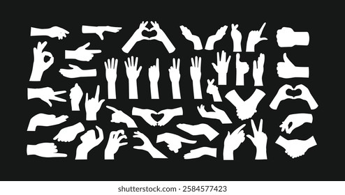 Hand gestures silhouette collection, showing various hand movement poses, pointing, handshake, and reaching hands for design, communication symbols, body language, vector graphics on black background