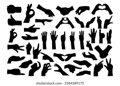 Hand gestures silhouette collection, showing various hand movement poses, pointing, handshake, and reaching hands for design, communication symbols, body language isolated on white background