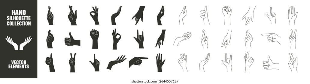 Hand Gestures Silhouette Collection. Various Poses, Pointing, Handshake, Female Hands in Minimal Vector Style, Icons and Logo Template on Transparent Background