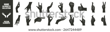 Hand Gestures Silhouette Collection. Various Poses, Pointing, Handshake, Female Hands in Minimal Vector Style, Icons and Logo Template on Transparent Background