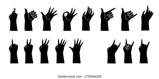 Hand gestures silhouette icon set flat vector. Graphic isolated black element bundle for logo and design.