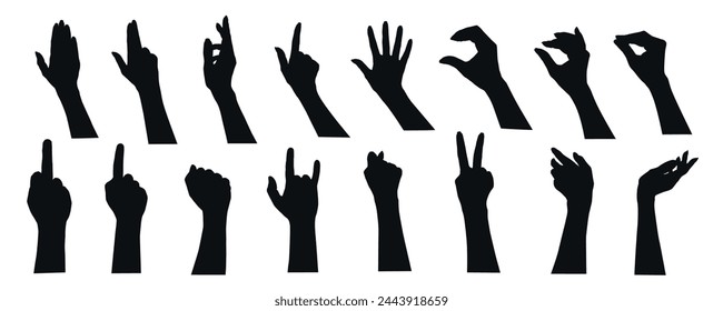 Hand gestures silhouette mega set in flat graphic design. Collection elements of different expression human arm, open palm, heart shape, finger up, peace, rock, rude signs, fist. Vector illustration.