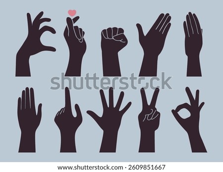 Hand gestures silhouettes. Okay sign, thumb up, pointing finger, making heart, holding hand, fist, open palm, straight hand. Vector illustration