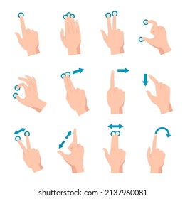 Hand gestures for smartphone, tablet or laptop interactive touchscreen. Finger swipe, touch, zoom, drag and rotate phone screen vector set. Common gestures for device or gadget usage