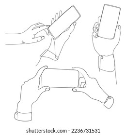 Hand gestures with smartphone touchscreen sketch set of icons,emblems.Smart phone in human hands in different position continuous line drawing vector collection