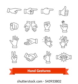 Hand gestures thin line art icons set. Nonverbal communication signals, body language signs. Linear style symbols isolated on white.