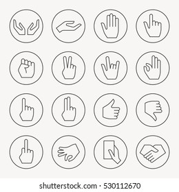 Hand gestures thin line icon set