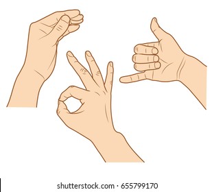 Hand gestures thin line icon set. Isolated vector illustration of human hands.