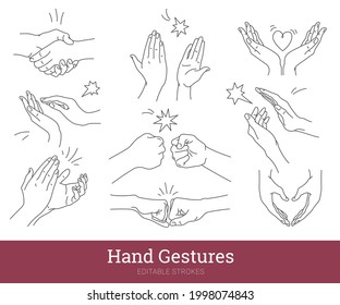 Hand gestures thin line icons set. Handshake, applause, fist bump, high five, heart shaped hands linear style vector illustration. Body language, nonverbal communication signals. Editable strokes. 