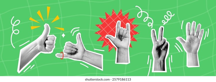 Hand gestures thumbs up rock-n-roll and peace art collage vector halftone illustration set. Dynamic elements for communication on green background