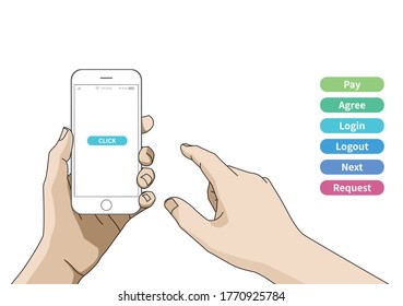 Hand gestures using a mobile phone application. Illustration of the hand using a smartphone.