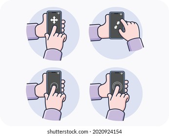 Hand gestures using a smartphone Swipe left-right, top-bottom, zoom in-zoom out, one tap, double tap, vector design and isolated background.