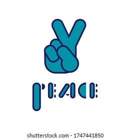 Hand gestures V sign for peace or victory and text - Peace. World peace concept. International Day of Peace. Flat vector illustration. Template design for poster, card, icon for apps and web. Clip art