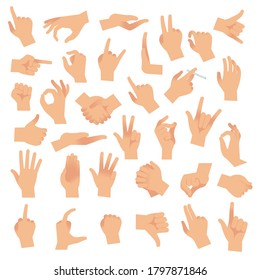 Hand gestures. Various arms, human hands, ok, thumb up and pointing finger, pinch and fist. Optimistic or pessimistic arm gesture, interactive communication vector flat cartoon isolated set