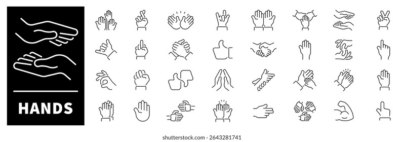 Hand gestures vector icons collection. Thin line icons related to hand gestures and sign language. Hand gestures vector icons in line style