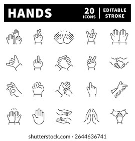Hand gestures vector icons collection. Thin line icons related to hand gestures and sign language. Hand gestures vector icons in line style