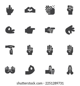 Conjunto de iconos vectoriales de gestos manuales, colección moderna de símbolos sólidos, paquete de pictogramas estilo relleno. Señales, ilustración del logotipo. Establecer incluye iconos como